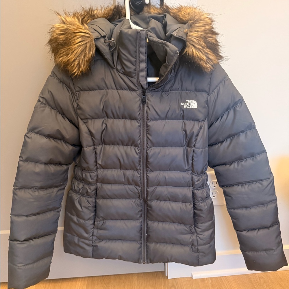 The North Face Women's Charcoal Puffer Jacket with Faux Fur Hood